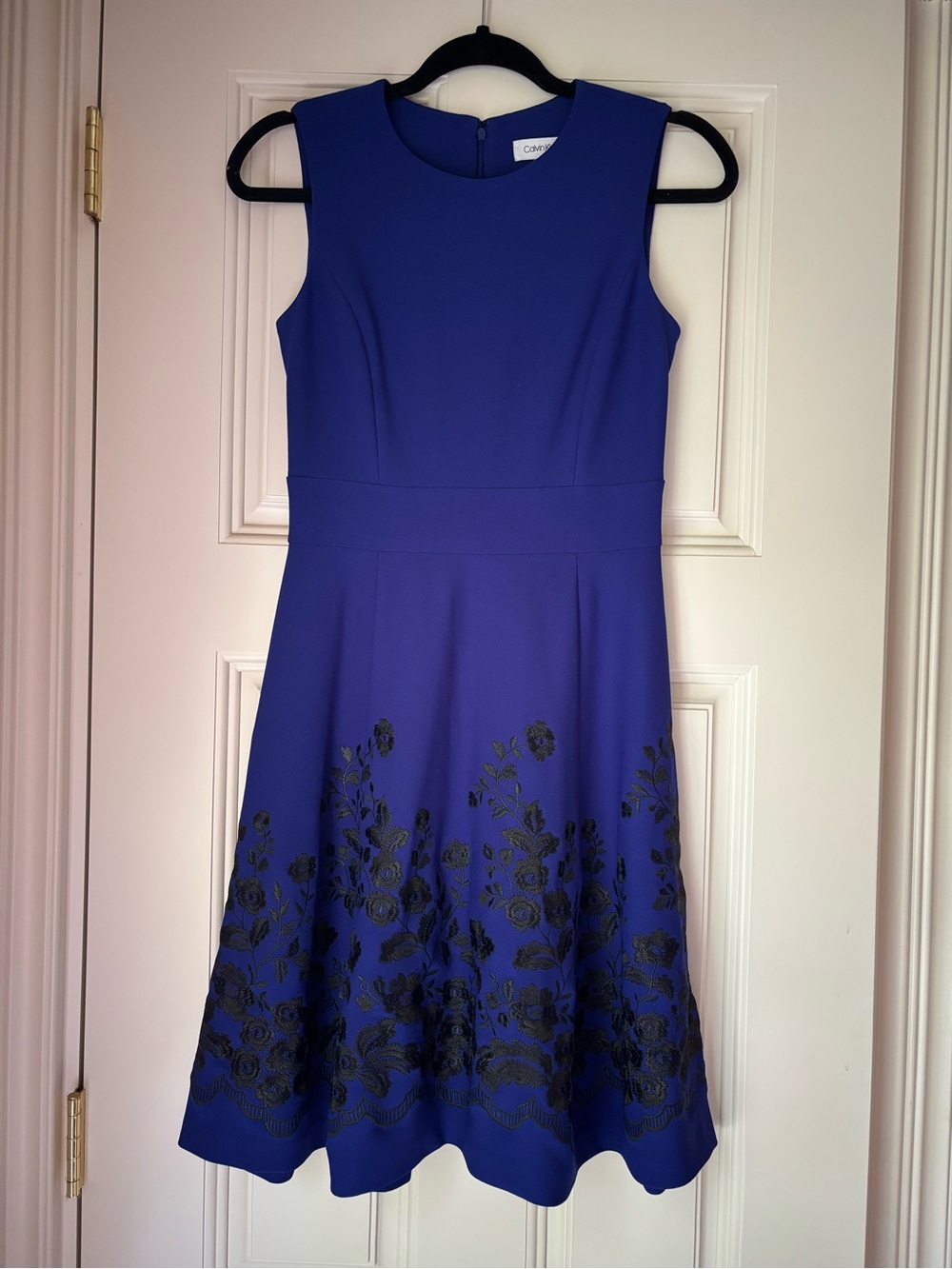 Calvin Klein Cobalt Blue Sleeveless Fit-and-Flare Dress with Black Floral Hem